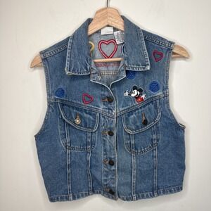 Vintage Y2K Disney Store Mickey Mouse Denim Jean Vest Women S Peace Love Crop 90